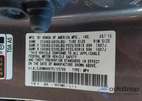 2015 Honda Cr-V Touring from USA, damaged, VIN 5J6RM4H97FL123768